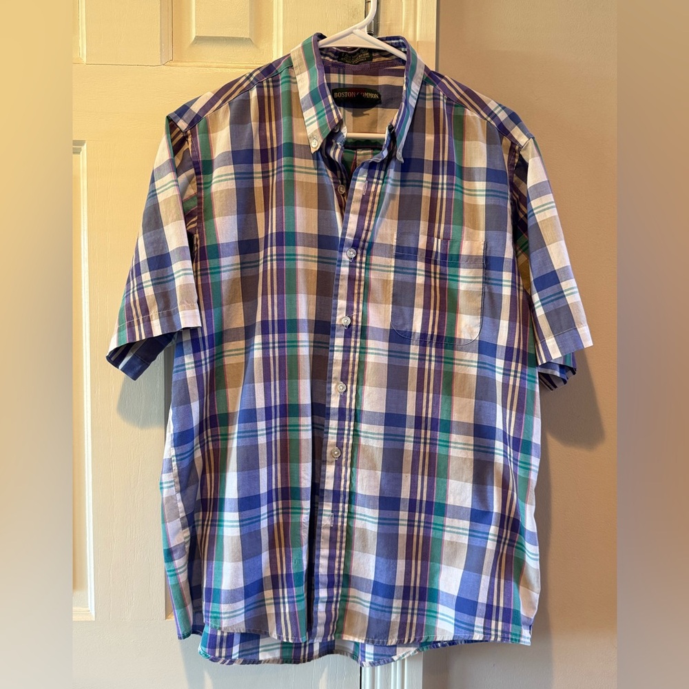 VTG Boston Commen Men's Casual Plaid Shirt - Blue, Green, Tan